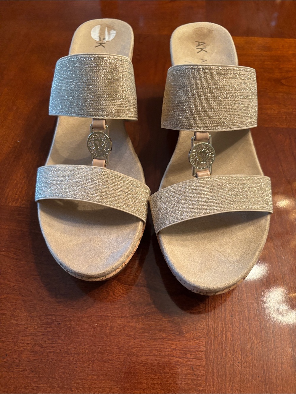 Anne Klein Beige Gold-Accent Double Strap Slide Sandals